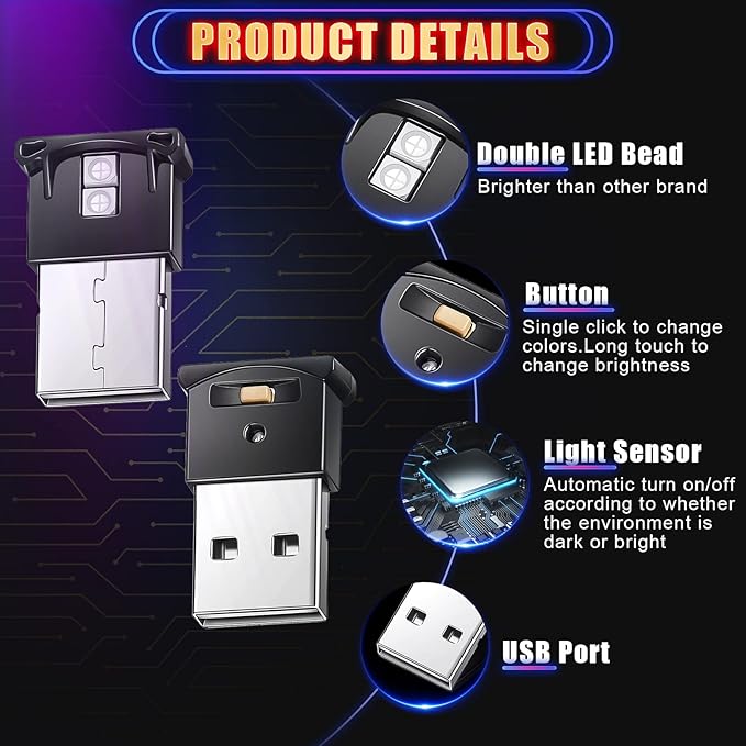 Frienda 6 Pieces Mini USB LED Light, Car LED Interior Lighting 5v Smart USB Atmosphere Light, Laptop Keyboard Office Decoration Night Lamp, Adjustable Brightness, 8 Colors