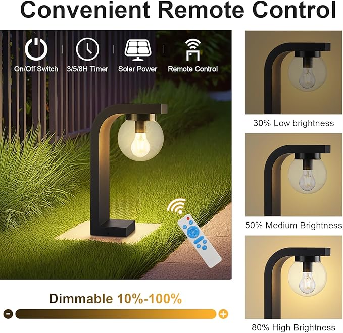 Solar Post Lights Outdoor, Waterproof Pole Light Dusk to Dawn, Remote Control 3 Lighting Modes LED Solar Lamp Exterior Pillar Lantern Acrylic Globe Shade for Porch Garage Garden Pathway
