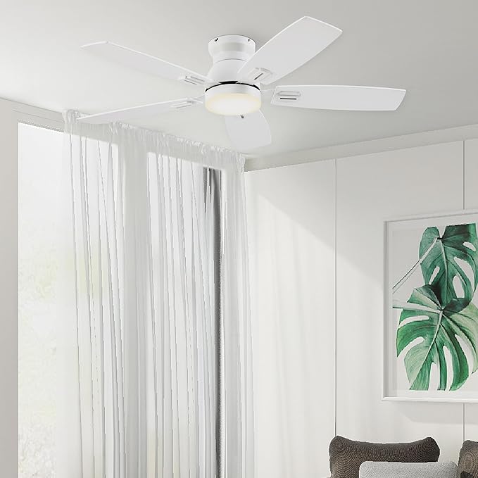 SUNMORY 42" Ceiling Fans with Lights and Remote/APP Control, Low Profile Ceiling Fan with Light, Reversible, Quiet 6 Speeds, Dimmable, Flush Mount Ceiling fan for Bedroom Indoor/Outdoor Use White