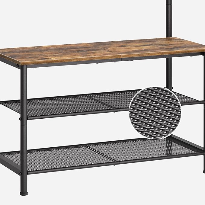 Hall Tree, Coat Rack with Shoe Bench, 4-in-1 Entryway Bench with Storage Shelves, Hanging Rod and 8 Movable Hooks, Hall Tree with Storage Bench for Hallway, Rustic Brown and Black MT02BR