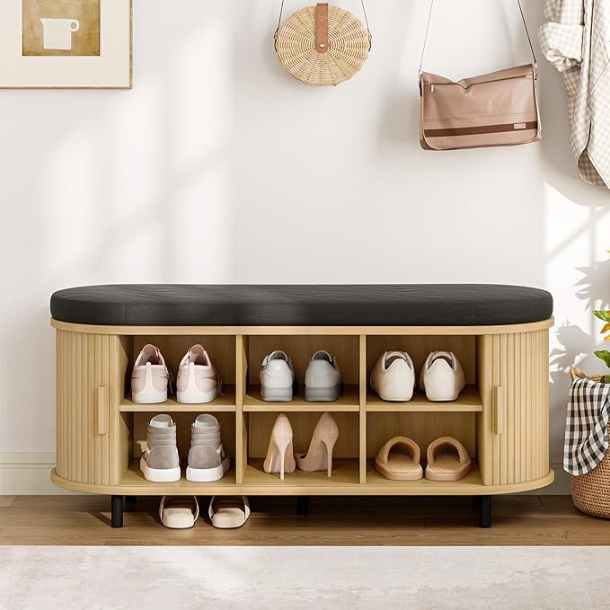ONBRILL 43" Shoe Bench with Storage, Fluted Shoe Storage Bench with Cushion, Sliding Door and Adjustable Shelf, for Entryway, Hallway, Living Room, Oak