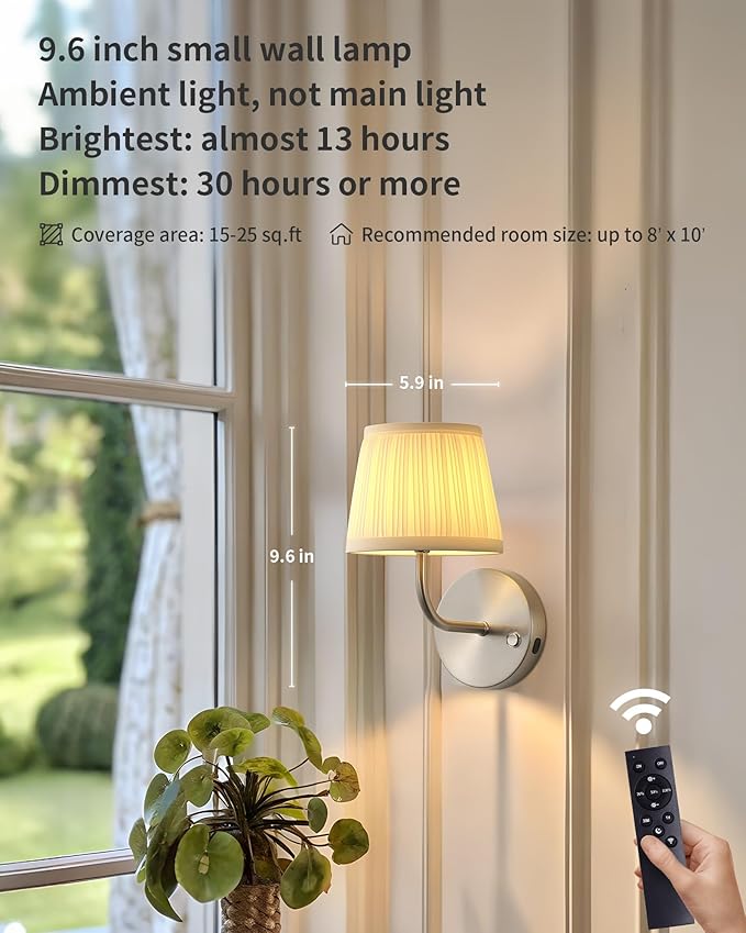 PUSU LED Cordless Nickel H9.6 inch Small Wall Sconces Set of 2, Rechargeable 5200mAh Battery Operated Wall Lamp with Remote, Lighting for Living Room, Bedroom, Hallway, Bathroom, Stairs, Kitchen