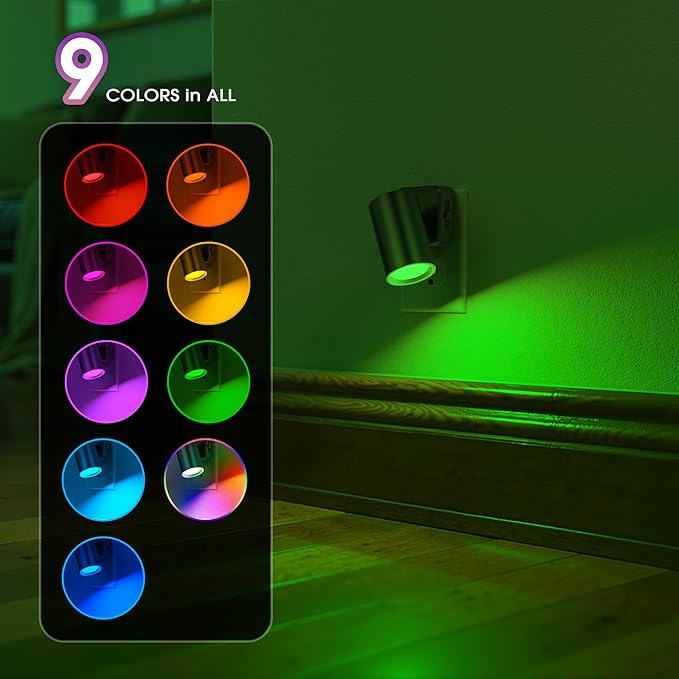 Night Lights Plug into Wall, 320° Rotation Night Light, RGB Color Changing Nightlight, Spot Light Dimmable Brightness, Dusk to Dawn Nightlight for Bedroom, Spot Light, Kids Room, Stair, 2 Pack