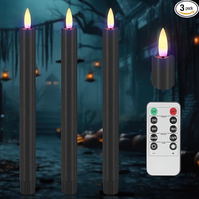 Black Flameless Taper Candles with Remote, 9.6" Halloween Battery Operated Candles 3D Wick, 3 Pack Real Wax Led Candlesticks Flickering Electric Candle for Halloween, Home, Party Decor