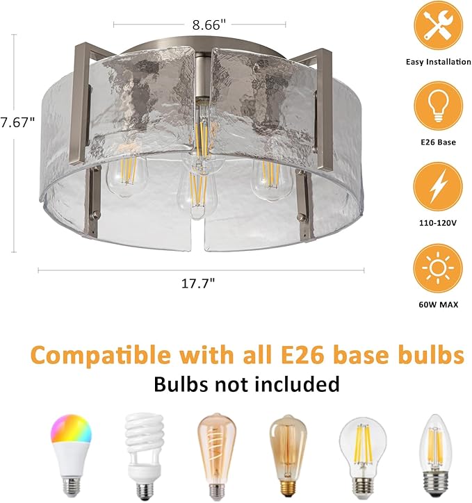 Modern Semi Flush Mount Ceiling Light Fixture, Nickel Hallway Light Fixtures Ceiling Mount, Dimmable Foyer Kitchen Lighting Fixtures Ceiling Lights for Bedroom Bathroom Dining Room Laundry Room