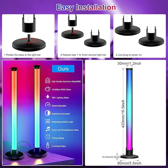 ThreeH Smart Light Bars Double LED Ambient Lighting Lamps APP and Remote Control USB Powered 16 Million RGB Colors Changing Timer Setting 42cm/16.5"