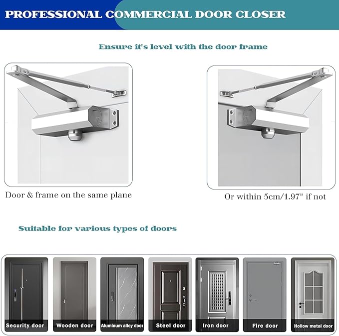 Heavy Duty Automatic Door Closer, Self Closing Hydraulic Door Closer, Soft Close No Slam, Anti Rust Aluminum, Easy DIY Install, Fits 88-143lb Doors 23-43in, for Home & Commercial Use