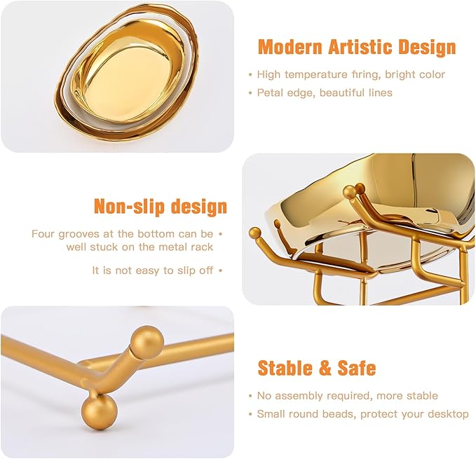 Ceramic Fruit Bowl for Kitchen Counter - 3 Tier Fruit Basket with Metal Stand, Tiered Fruit Stand for Countertop, Snack, Nuts, Cake, Dessert, Small & Cute (Gold & White,Small)