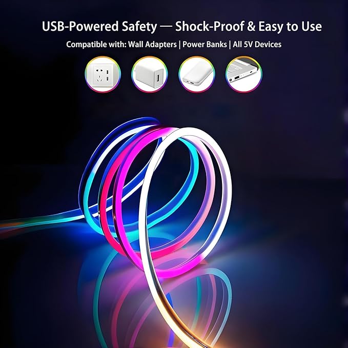 USB 5V RGB LED Neon Strip Lights with APP/Remote Control, IP65 Waterproof Music Sync Color Changing Lights for Bedroom, TV Backlight, Party Decor - Dynamic Modes & Easy Installation (16.4FT)