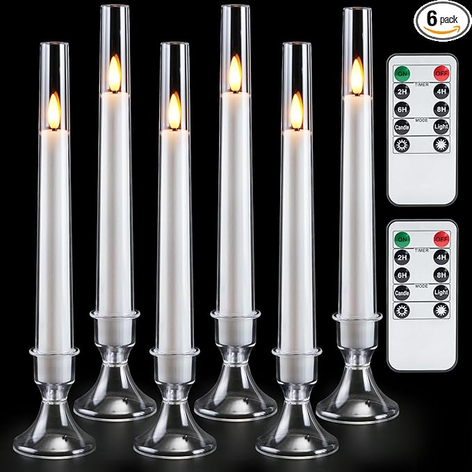 Homemory 6 Pcs Flameless Taper LED Candles with Remote and Timer, 3D Wick Flickering, Window Candles with 2 Light Modes, Battery Operated for Xmas Wedding Decor, 9.6 Inch