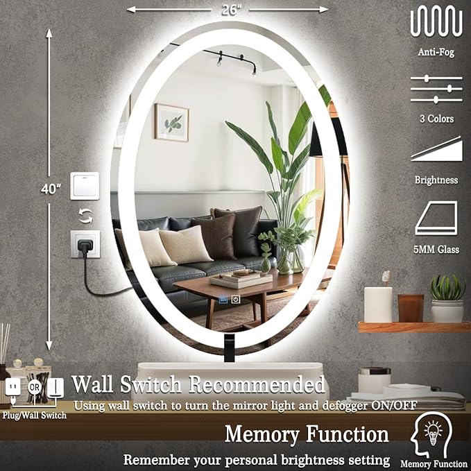 26 x 40 Inch Oval LED Vanity Mirror with Lights 3 Color Dimmable Memory Front Back Light 40 Oval Lighted Mirror for Bathroom Makeup Salon Wall Mount AntiFog 40in Ovals Smart Light up Mirrors