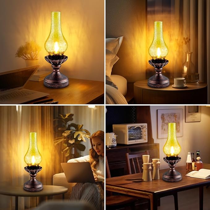 Touch Control Vintage Table Lamp | 3-Way Dimmable Rustic Retro Farmhouse Bedside Lamp with Amber Glass Shade and LED Bulb for Bedroom, Living Room, Cabin, Office