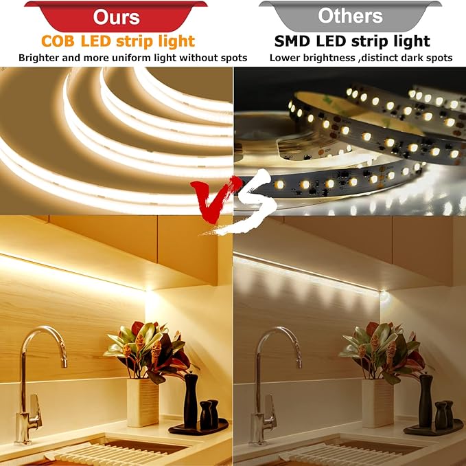 COB LED Strip Lights, Dotless LED Lights with Remote& App, 49.2ft White 6000K Super Bright Dimmable 24V Flexible LED Tape Light,Kitchen Cabinet,Office,Stairs,Shelf Indoor Lighting.