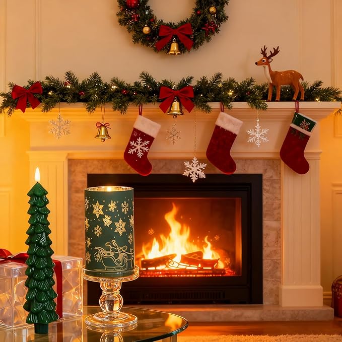 Lezonic Christmas Flameless Candles with Remote, Green Christmas Tree Flickering Battery Operated Window Candlesticks, Glass Flameless Xmas New Year Decorations Gifts, Set of 4 Real Wax LED Candles