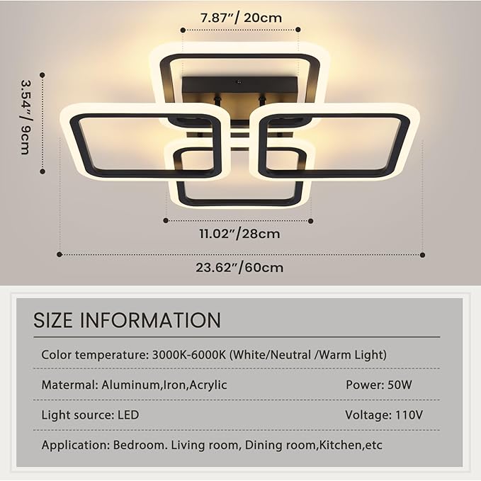 23.6inch Modern LED Ceiling Light 50W Dimmable Ceiling Lamp with Remote Control Square LED Flush Mount Ceiling Light Dining Room, Living Room, Kitchen, Bedroom, Office