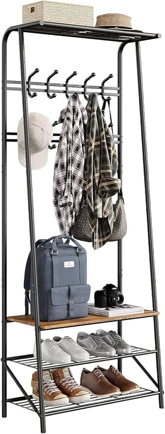 Coat Rack Shoe Bench with 5 Hooks, Entryway Hall Trees with Storage, Multifunctional Hallway Organizer, Wood Look Accent Furniture with Metal Frame, 4-in-1 Hall Trees Shoe Bench (2 Rows-10 Hooks)