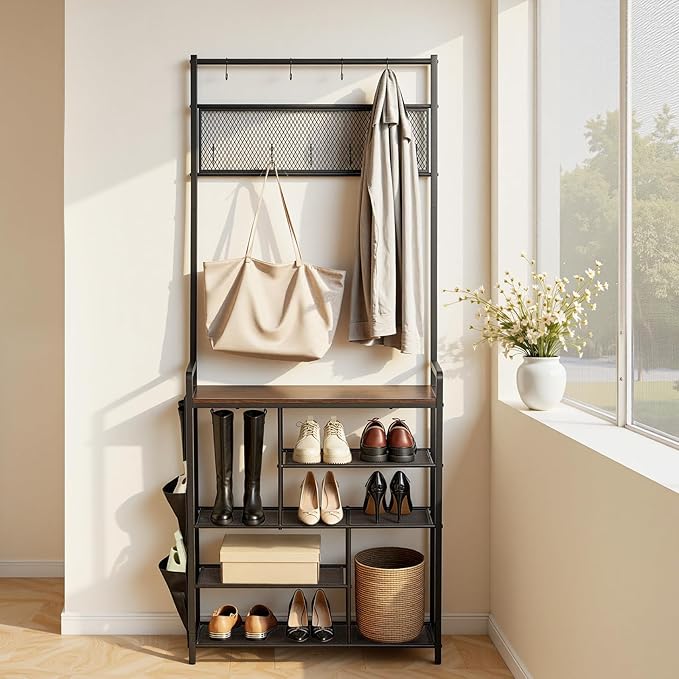 VEVOR Hall Tree, 70.9 in Coat Rack with Shoe Storage, Freestanding 4-Tier Shoe Rack Organizer with Hooks, Side Pocket and Wire Shelf, Steel Frame Entrance Coat Holder for Entryway, Bedroom, Closet