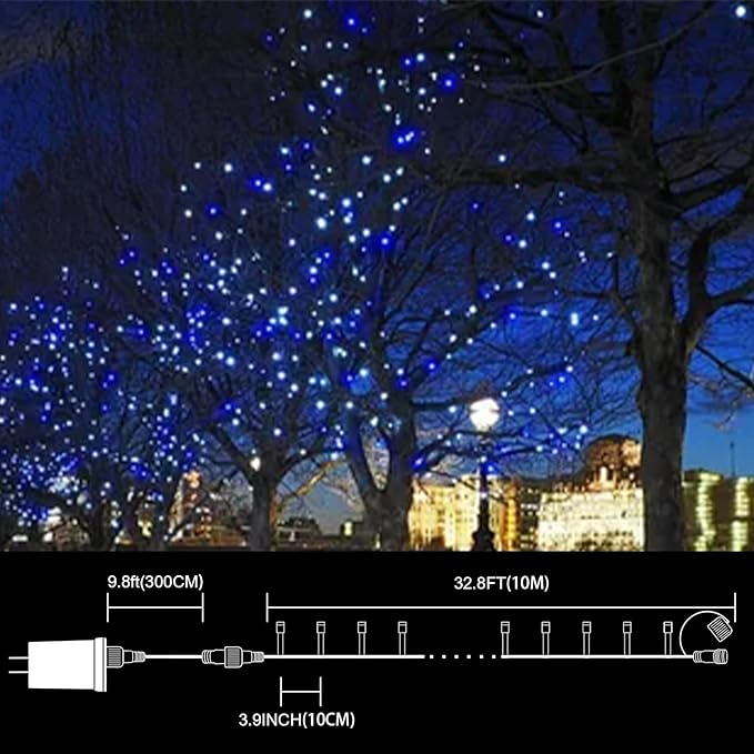 33FT 100 LED Blue White String Lights, 16 Modes Plug In Mini Fairy Lights, Waterproof Outdoor Christmas Lights for Hanukkah, July 4th Patriotic Decor, Xmas Tree Garland Bedroom Ocean Party Decoration