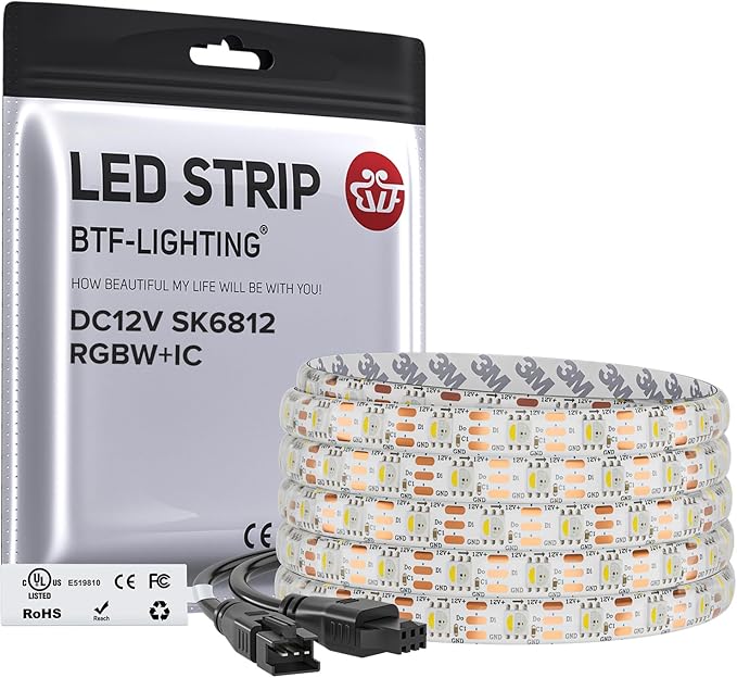 BTF-LIGHTING SK6812(Similar WS2812B) UL Listed RGBW RGB+Natural White(4000K) Individually Addressable DC12V 16.4FT 60LED/m 4 Color in 1 Light Dream LED Strip IP65 White PCB(No Adapter or Controller)