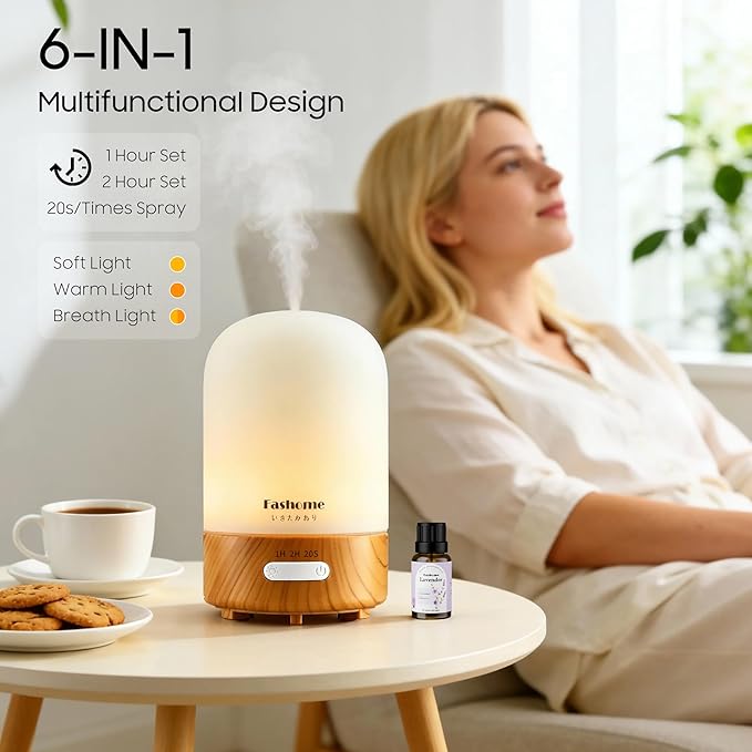Essential Oil Diffuser Hand Blown Glass, 100ml Small Aromatherapy Diffuser, Auto Shut-Off Function, Ultrasonic Diffusers for Essential Oils, Cool Mist Humidifier with Warm White Lights（White）