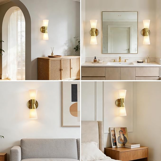 Wall Sconces Set of 2 for Bathroom, Modern Indoor Vanity Light Fixtures 13", Up Down Lighting, Wall Mount Lamp for Living Room Bedroom Hallway Stairway Fireplace Mirror E26 Base 2PC White&Gold