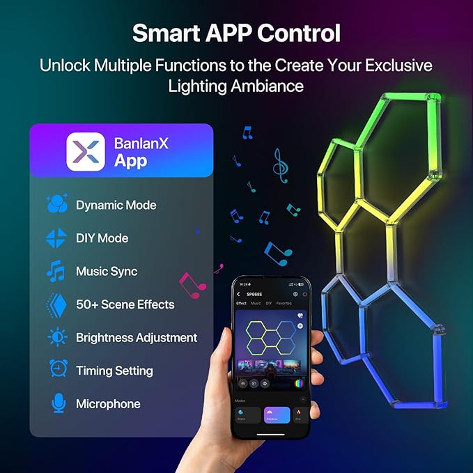 HYPERLITE Hexagon Garage Lights: 3 Grid RGB Hexagon LED Lights with Music Sync Mode, App & Remote Control, Multi-Color Honeycomb Light for Gaming Room, Gym, Garage