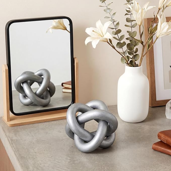 3 Link Wood Knot Decor Rustic Home Décor Accents Hand Carved Coffee Table Decoration, Boho Chain Link Decoration, Modern Shelf, Rustic Objects for Home Living Room Bedroom (Silver)