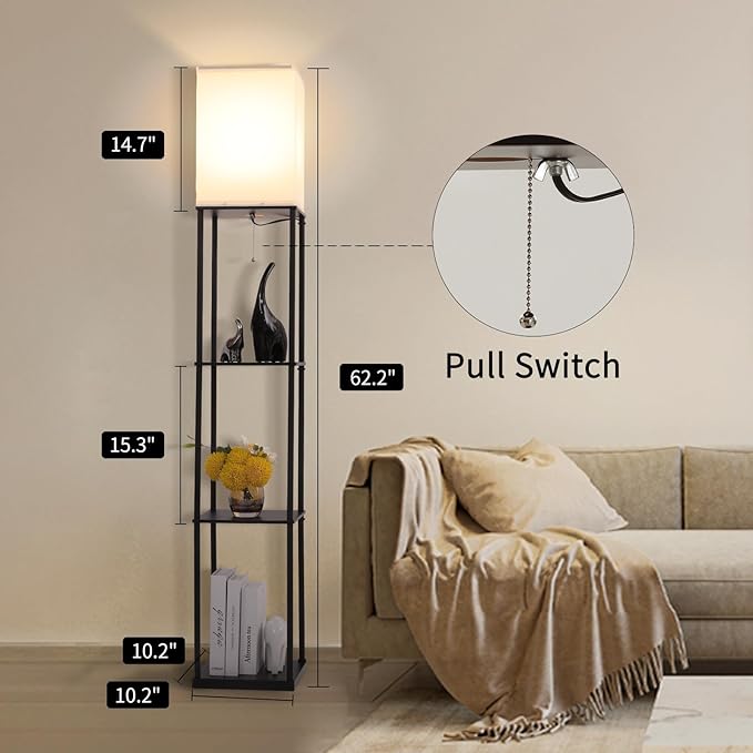 Floor Lamp with Shelves, Modern Square Standing Lamp with 3 Color Temperature Bulb, Corner Display Bookshelf Lamp for Living Room, Bedroom and Office (Black)