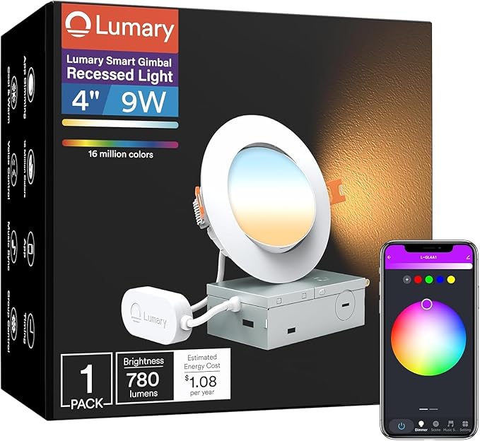 Lumary Smart Gimbal Recessed Lighting 4 Inch, 355°+20° Adjustable RGBWW WiFi Ceiling Light, Compatible with Alexa Google, Canless LED Downlight with J-Box, 9W 780LM CRI90, 1PC