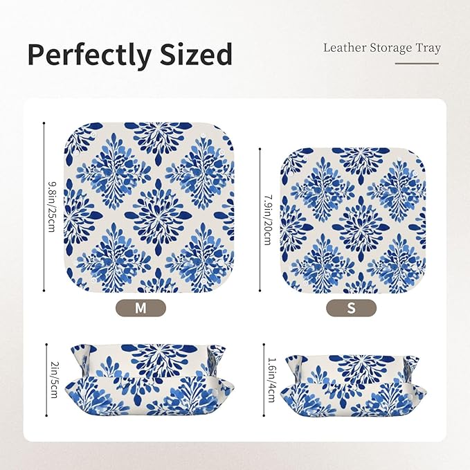 Simple Minimal Blue Floral Pattern Valet Tray Leather Portable Tray Desktop Storage Organizer Bedside for Men Women Jewelry Keys Coin Candy Sundries