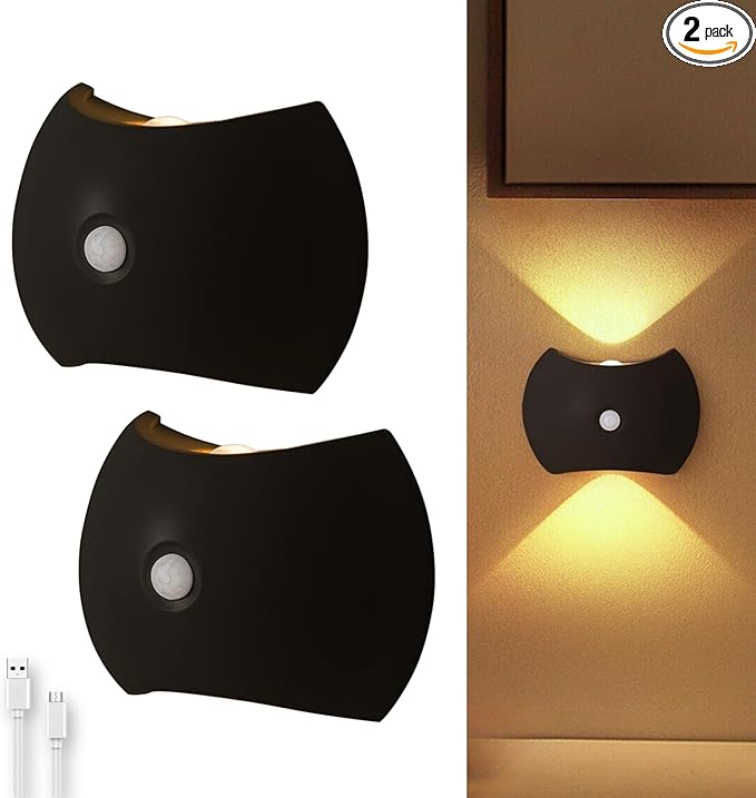 Battery Operated Wall Sconces Set of Two, Rechargeable Wireless LED Wall Lights — Motion Sensor, No Drill Magnetic Mount, 3 Modes, for Bedroom Hallway Stairs, Black