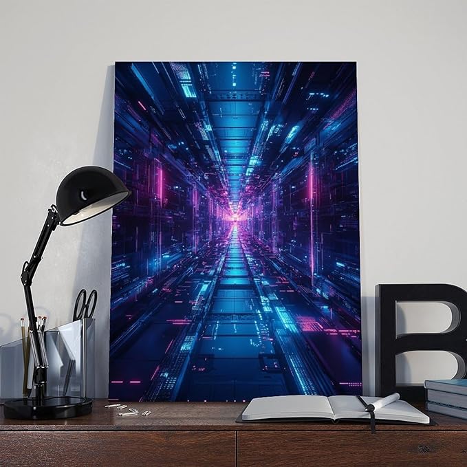 High-Tech Digital Abstract Wall Art – Glowing Geometric Canvas Print – Minimalist Futuristic Aesthetic Home Decor Canvas Poster Bedroom Decor Sports Landscape Office Room Decor Gift 08x12inch(20x30cm)