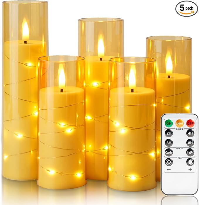 Homemory Flameless LED Candle with Embedded Star String Lights, Fake Candles with Remote Control & Timer, Battery Operated Candles, Amber, Set of 5