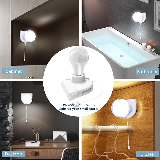 Battery Operated Light Bulb with Pull Chain, 4Pack Wireless Stick-Up LED Closet Light Bulb, Self Adhesive Wall Mounted Light Fixture for Cabinet Bedroom Living Room Kitchen, Clear Cover