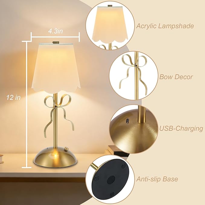 Cordless Table Lamp,Rechargeable LED Desk Lamp,Small Bedside Lamps with Touch & 3 Color,Cute Room Decor Bow Lamp,Night Light for Girls' Room Princess Room (Gold)