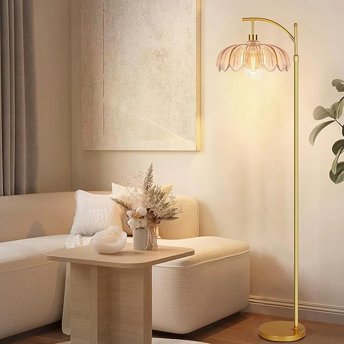 Gold Arc Floor Lamp for Living Room Bedroom,Adjustable Unique Modern Floor Lamps with Remote,Vintage Glass Standing Lamp with Dimmable Bulb,Bright Flower Brass Tall Lamp for Corner Office