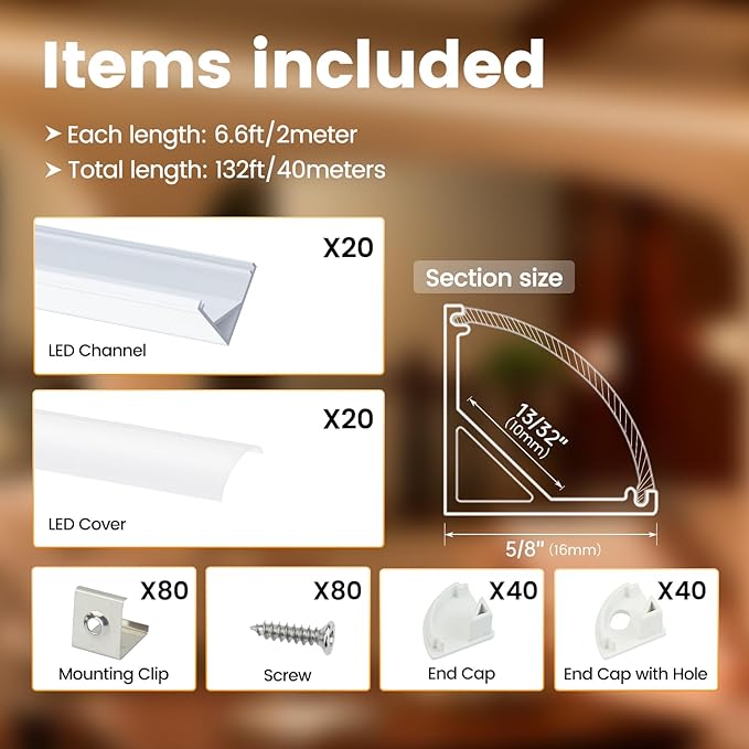Muzata 20Pack 6.6FT/2M V Shape LED Channel Silver Aluminum LED Strip Diffuser Channel with Milky White Cover Frosted Corner Lighting Easy Installation V1SW WW 2M