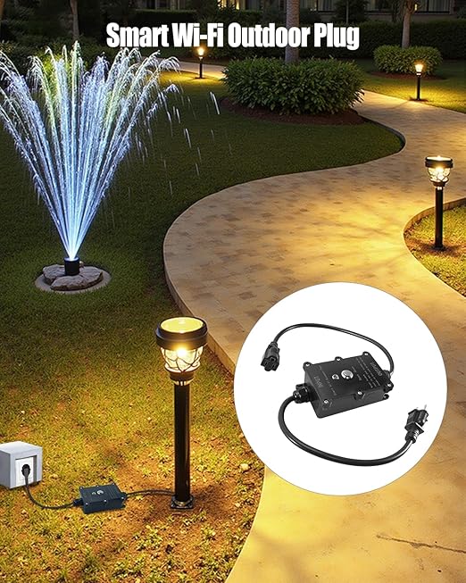 16A Smart Outdoor Plug, IP65 Waterproof and Dustproof Decorations Remote Control, Outdoor Light Strings Fountain Pumps Holiday, Compatible with Alexa Google Home