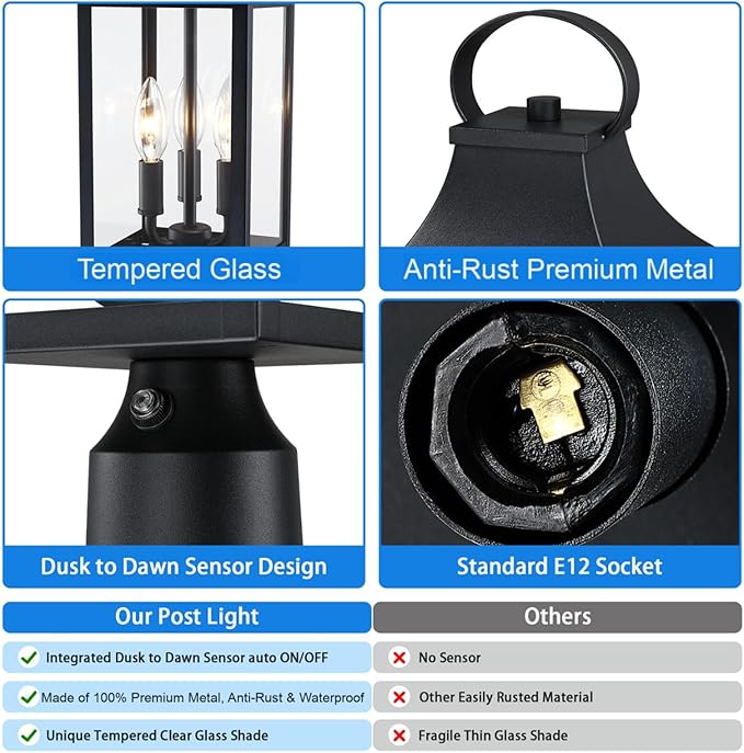18.62'' Dusk to Dawn Post Light Outdoor, Large 3-Light Lamp Post Light Fixture, Modern Pillar Outside Lighting Waterproof Post Lantern Lamp Outdoor Post Light Fixtures Pole Lights for Porch, 1 Pack