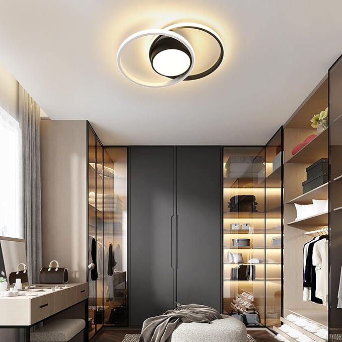 AUA Modern Ceiling Light, 39W LED Flush Mount Ceiling Light Fixture, 15.7" 3000K Round Close to Ceiling Lighting for Bedroom Hallway Dining Room Kitchen Entryway Black and White
