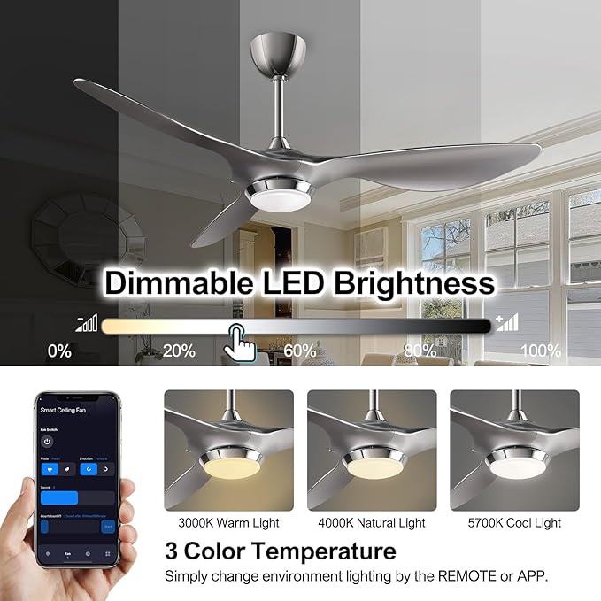 reiga 52 Inch Modern Smart Wifi Ceiling Fan with Light and Remote Control, Living Room Bedroom patio 3 Blade Ceiling Fans with Reversible Mute DC Moto