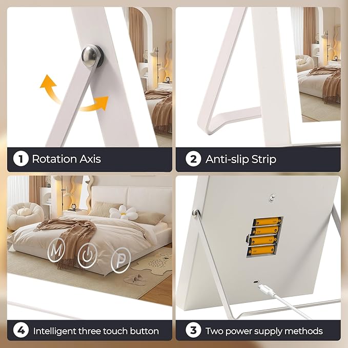 Vanity Mirror with Lights,10"x12" Lighted Makeup Mirror with 3 Color Modes & Dimmable, 360° Rotation Desk Mirror, Dual Power Supply, Smart Touch Control with Settings Memory (White)