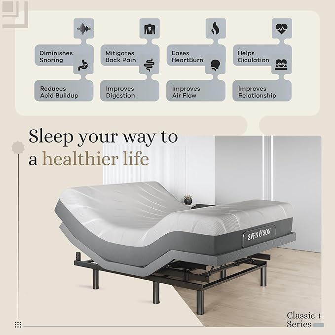 Sven & Son Harmony Adjustable Bed Base, Head and Foot Lift, Massage, Under-Bed Lights, USB, Gel Memory, Zero Gravity Smart Frame - Queen + 12 inch Memory Foam Matt (Medium)