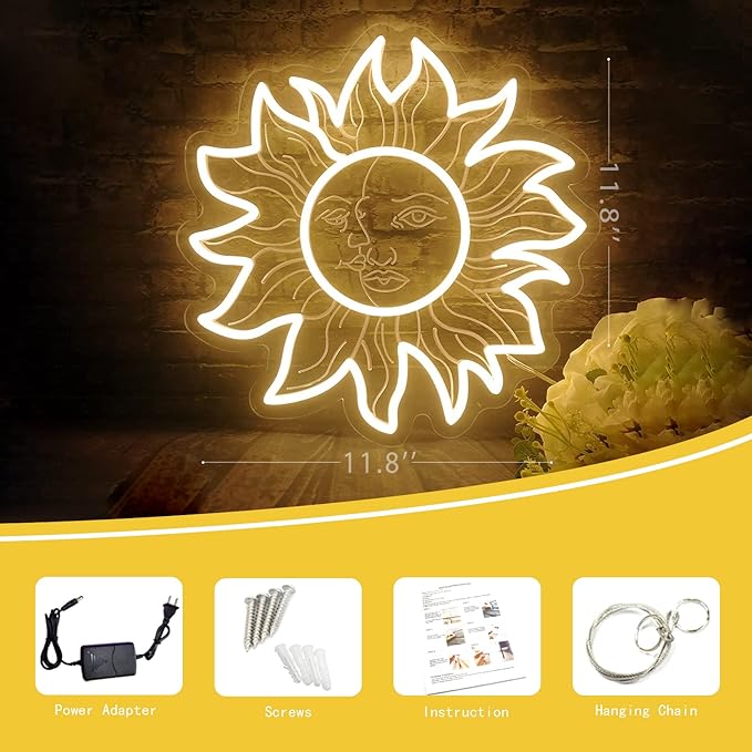 3D Sun and Moon LED Neon Light, Sunflower Neon Light Retro Sun Moon Face Neon Sign, Indie Boho Style Moth Constellation Aesthetic Wall Decor for Bedroom Dorm Living Room Man Cave, Birthday Gifts - 12"