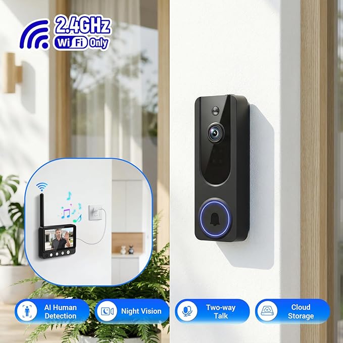 Wireless Doorbell Camera Video Intercom System with 4.5" Indoor Visual Base Station, Two Way Talk, Smart AI Motion Detection, Night Vision, Cloud Storage.