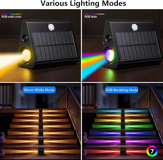 2 Pack Motion Sensor Solar Step Lights, Ip67 Waterproof Outdoor Stair Light,Warm White/Rgb Colors & Double-Sided Lighting,Outside Decor Light for Deck,Porch,Railing,Fence,Walkway, Yard,Wall,Patio.