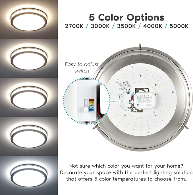LUXRITE 16 Inch LED Flush Mount Ceiling Light, CCT Color Temperature Selectable 2700K | 3000K | 3500K | 4000K | 5000K, Dimmable Ceiling Light Fixture, 24W, 1960 Lumens, Energy Star, ETL Listed