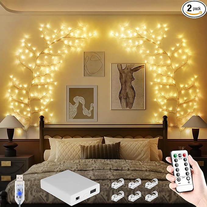 Enchanted Willow Vine Lights, 7.55FT 144LED 2 PCS White Tree Branch Lights for Wall, Remote Timer,8 Light Model,Bedroom Wall Doors Wedding, Christmas, USB Battery Box
