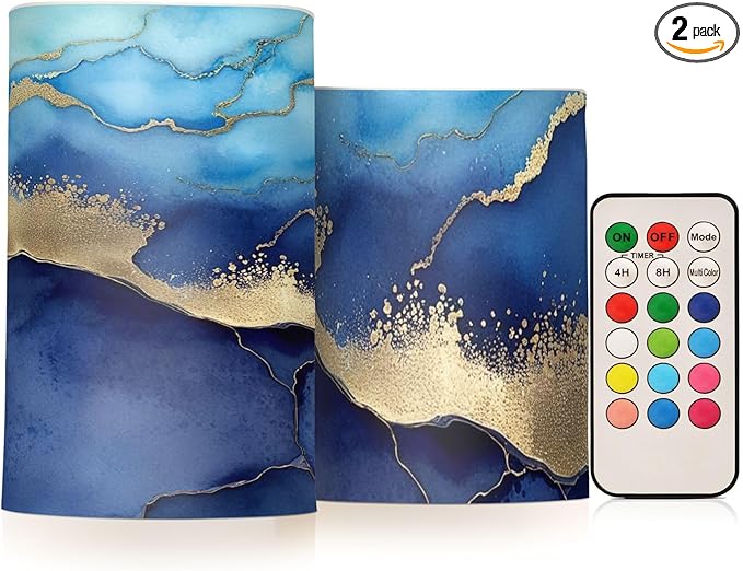 YETTASBIN Blue Marble Flameless Candles with Remote Control and Timer, Adjustable Brightness Long Lasting Battery Operated LED Pillar Candles for Indoor Outdoor Party Holiday Home Decor, 2 Pack