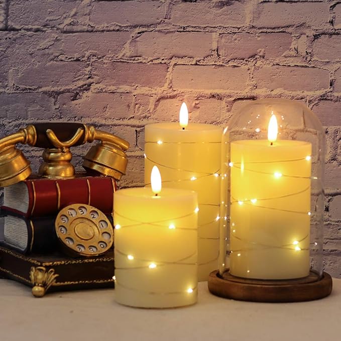 DRomance Flameless Flickering Candles String Light with Remote Timer Set of 3 Battery Operated LED Pillar Candles Real Wax 3D Wick Yellow Light Christmas Holiday Decor(3 x 5, 6, 6.8 Inch)